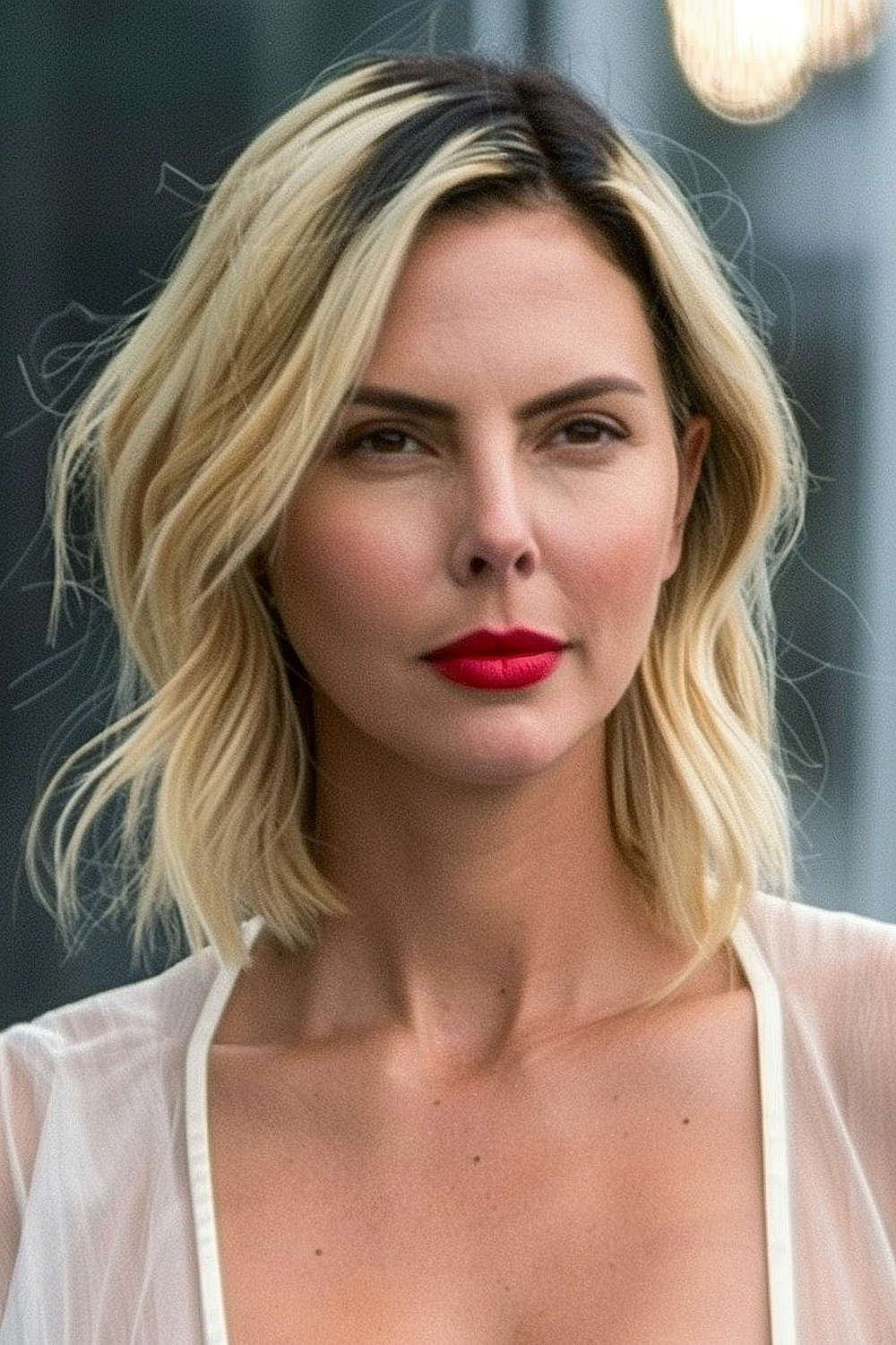 A woman sporting a glamorous long bob with a deep side part and blonde highlights