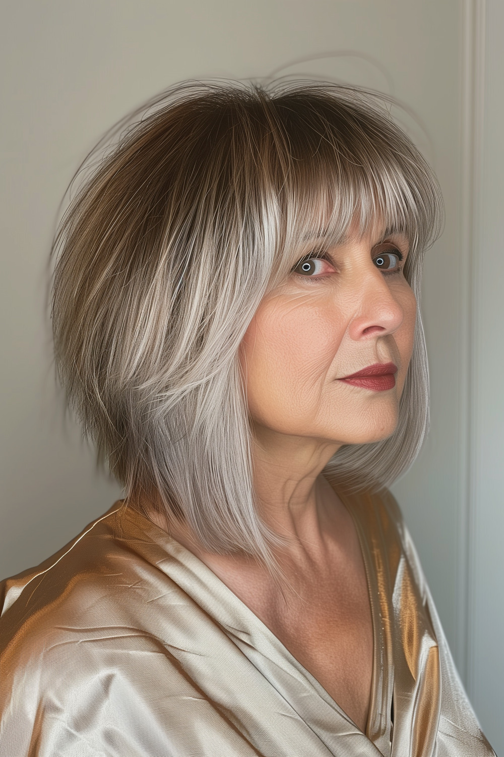 Long bob with feathered ends for women over 50