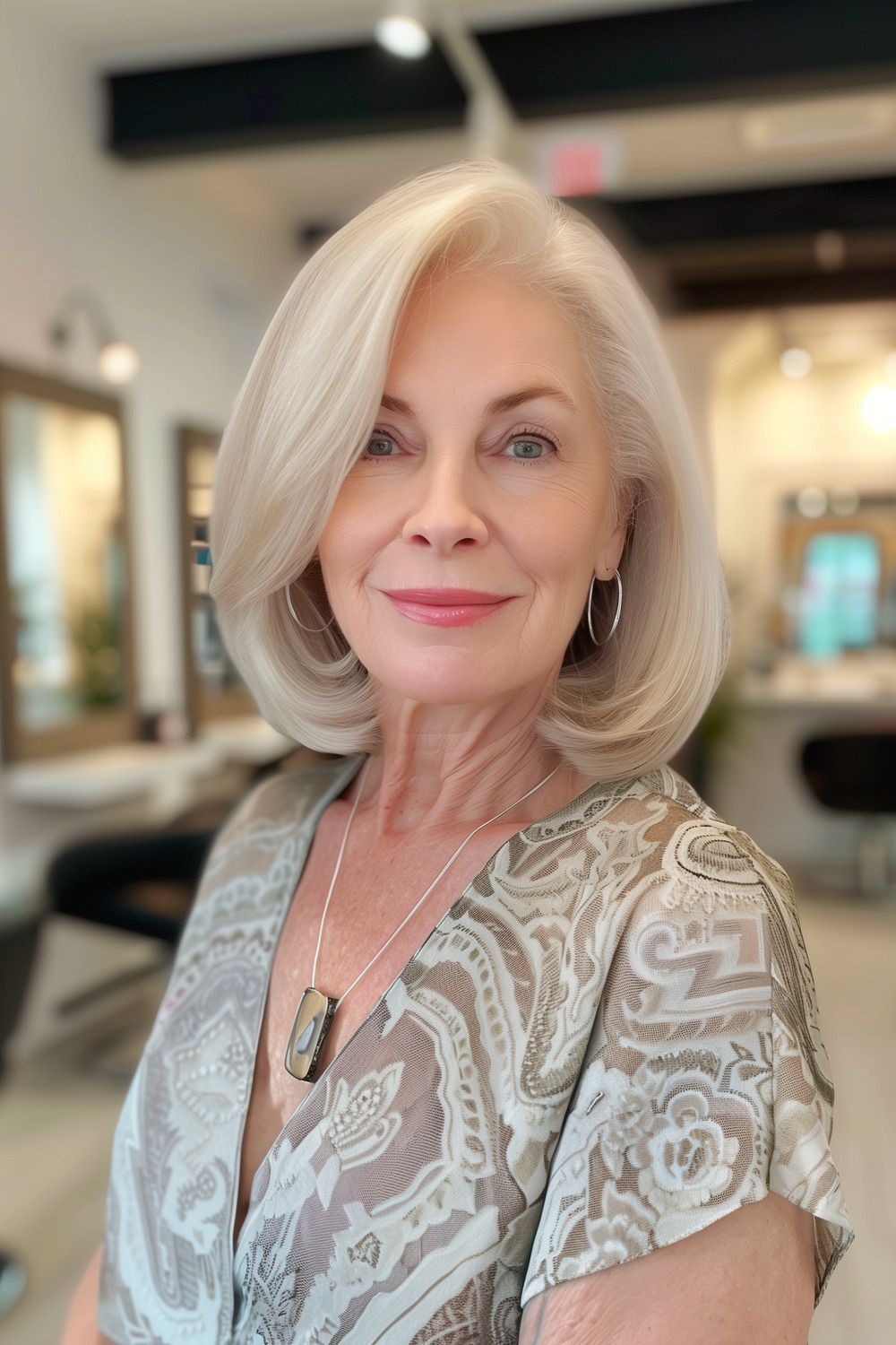 Long bob with sleek finish for women over 60