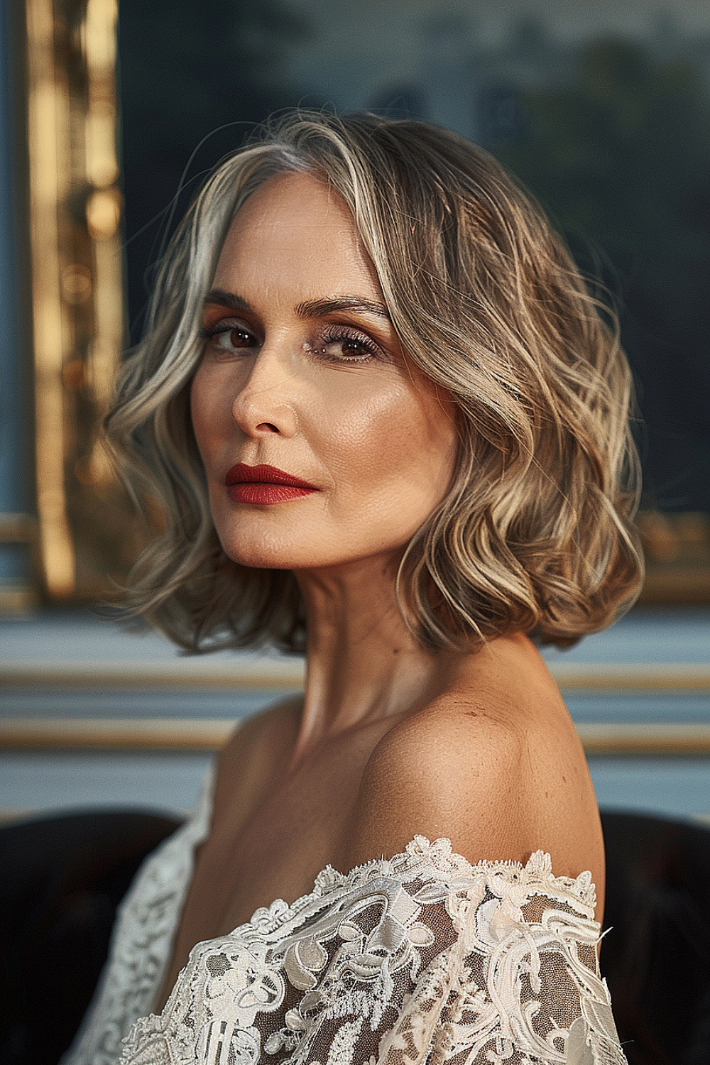 A woman with a long bob styled in soft waves, featuring a blend of ash and platinum blonde tones