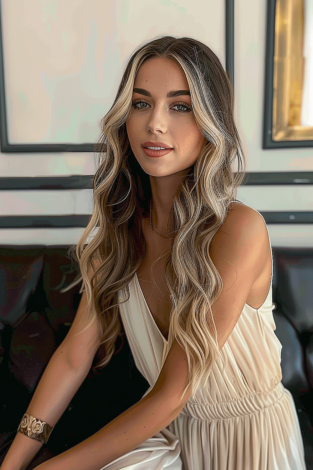 Woman with long cascading layers and soft waves