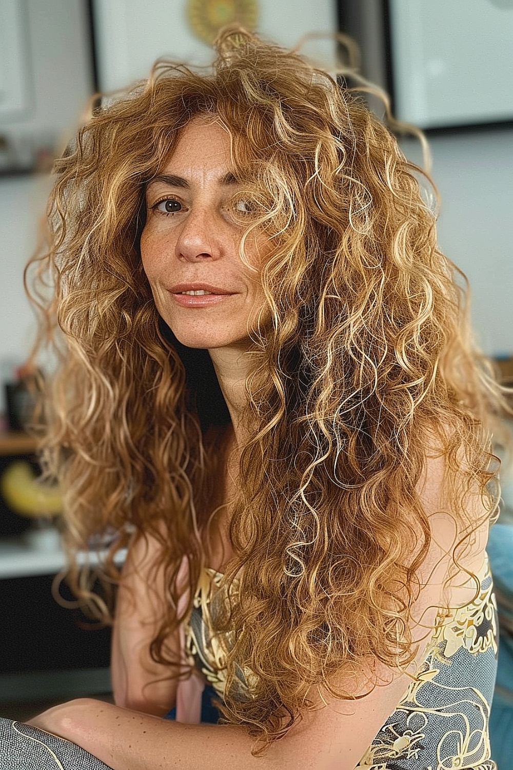 Long voluminous curls with a retro twist for women over 50