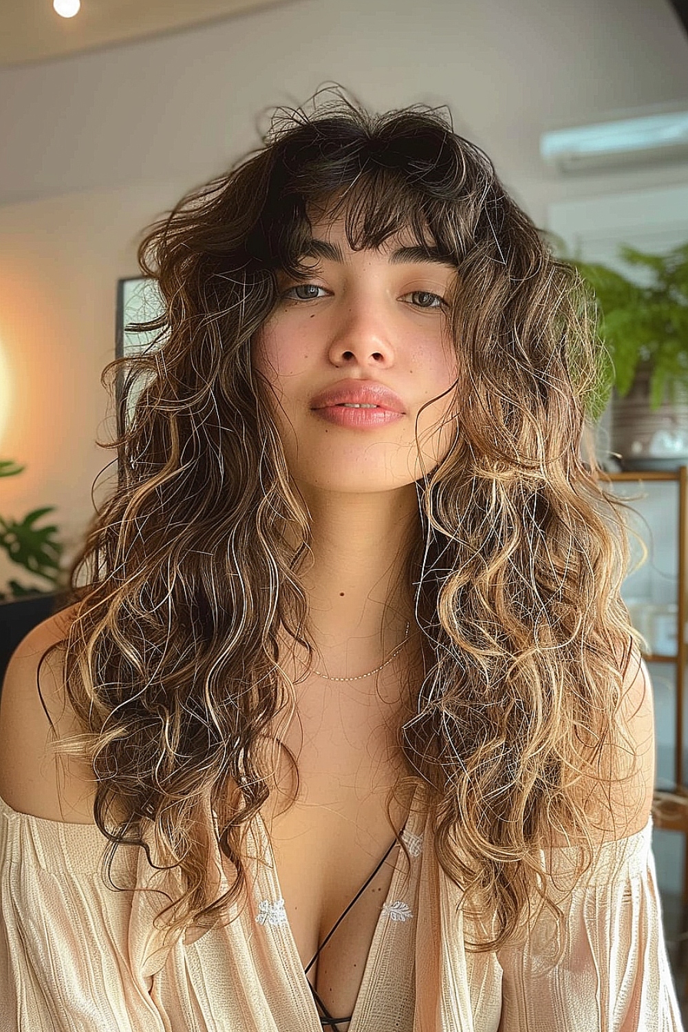 Long curls with soft wispy bangs