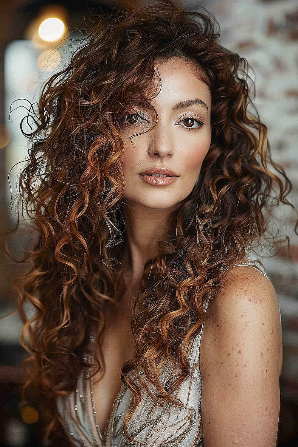 Long curly hair with dramatic side part for elegance