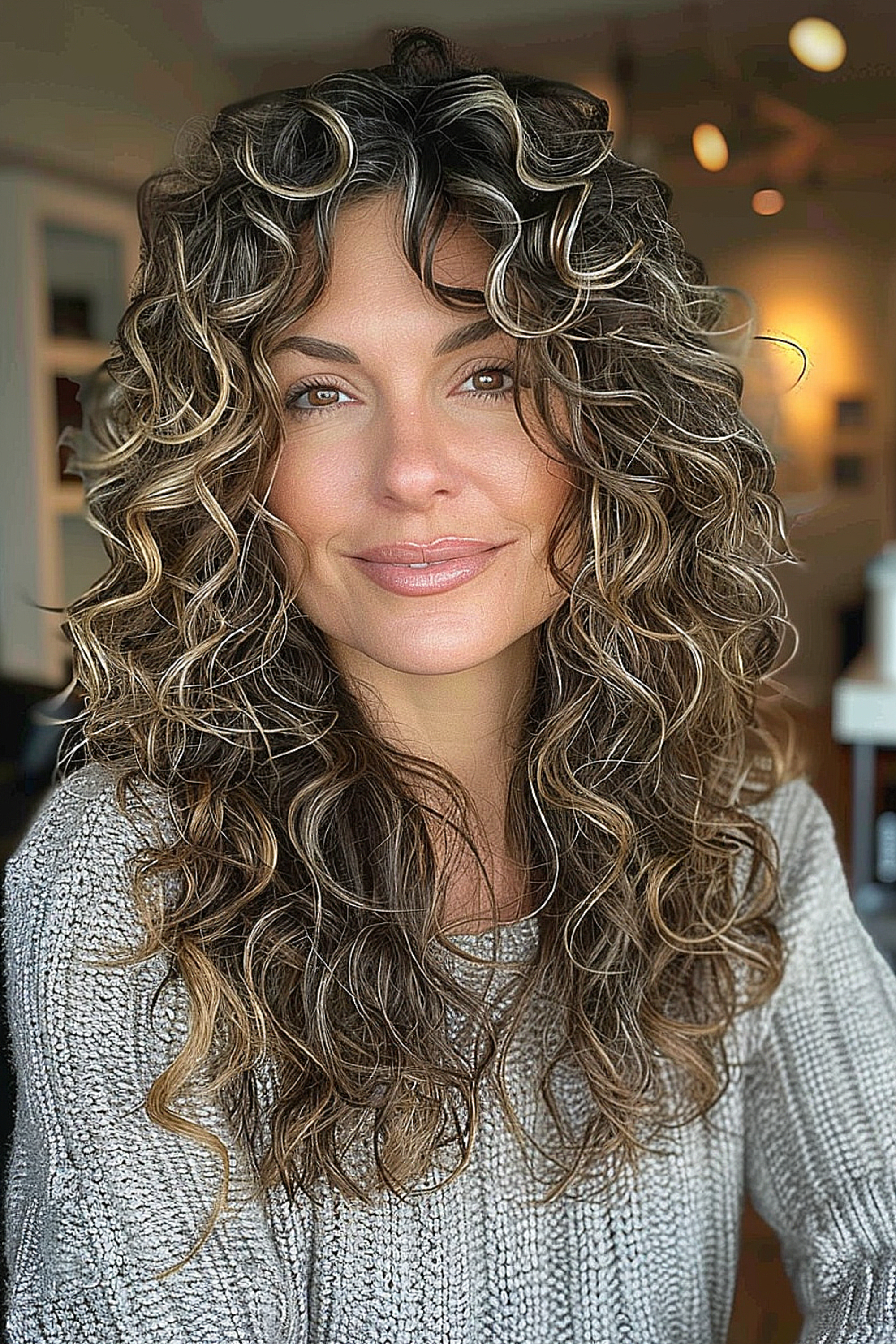 Long curly hair with face-framing layers