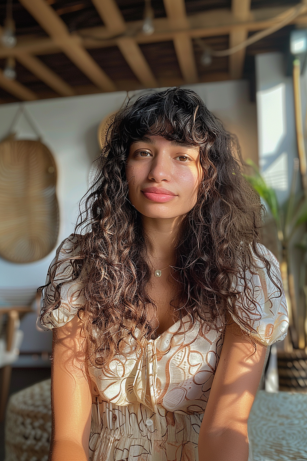 Woman with long curly hair and layered bangs