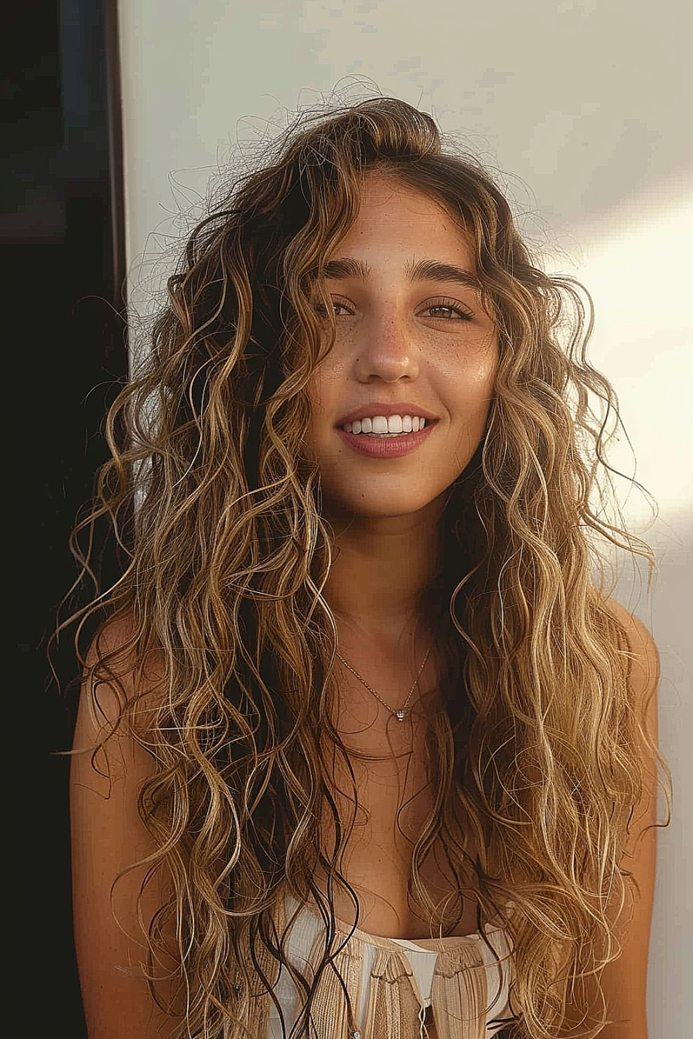 Woman with long curly layers and a balayage effect