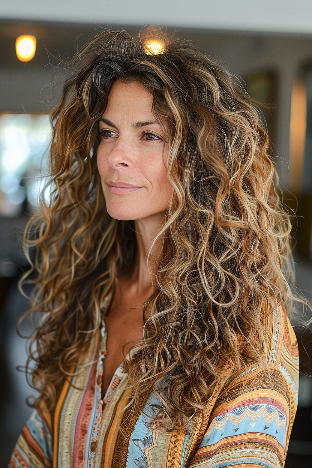 Long curly locks with sun-kissed highlights