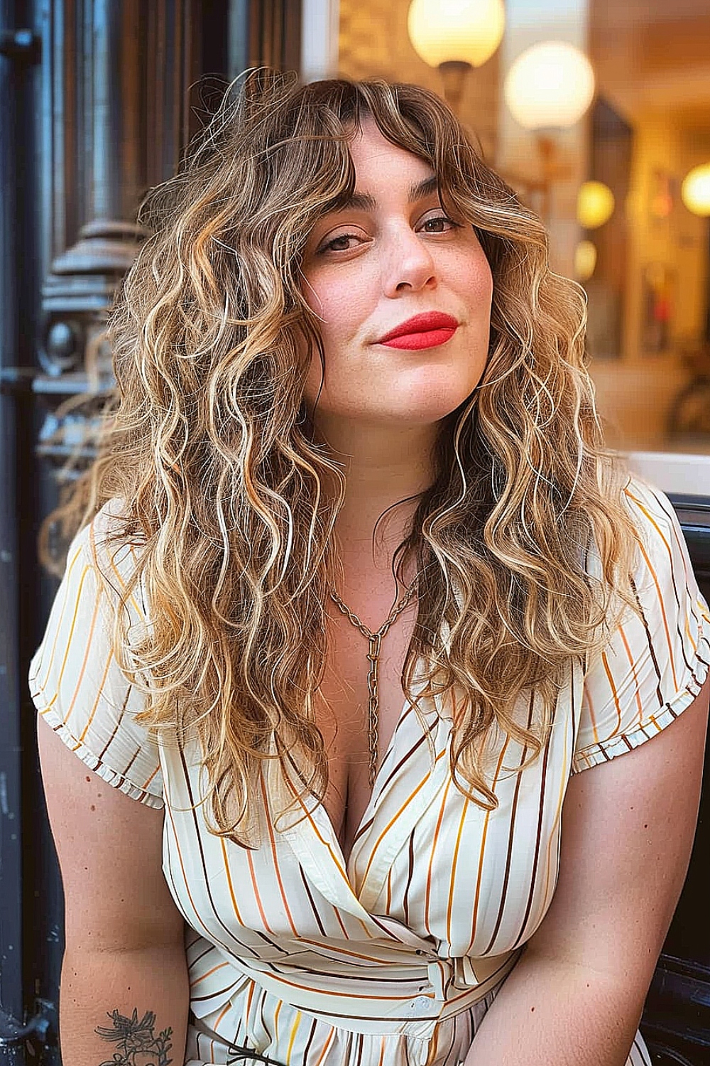 Long curly shag with layers and curtain bangs