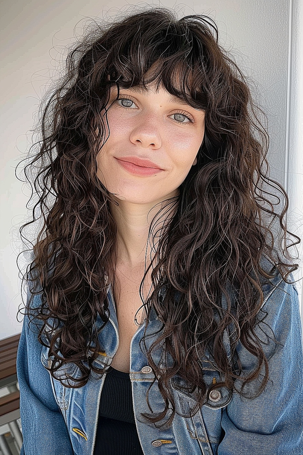 Woman with long curly shag haircut featuring soft fringe