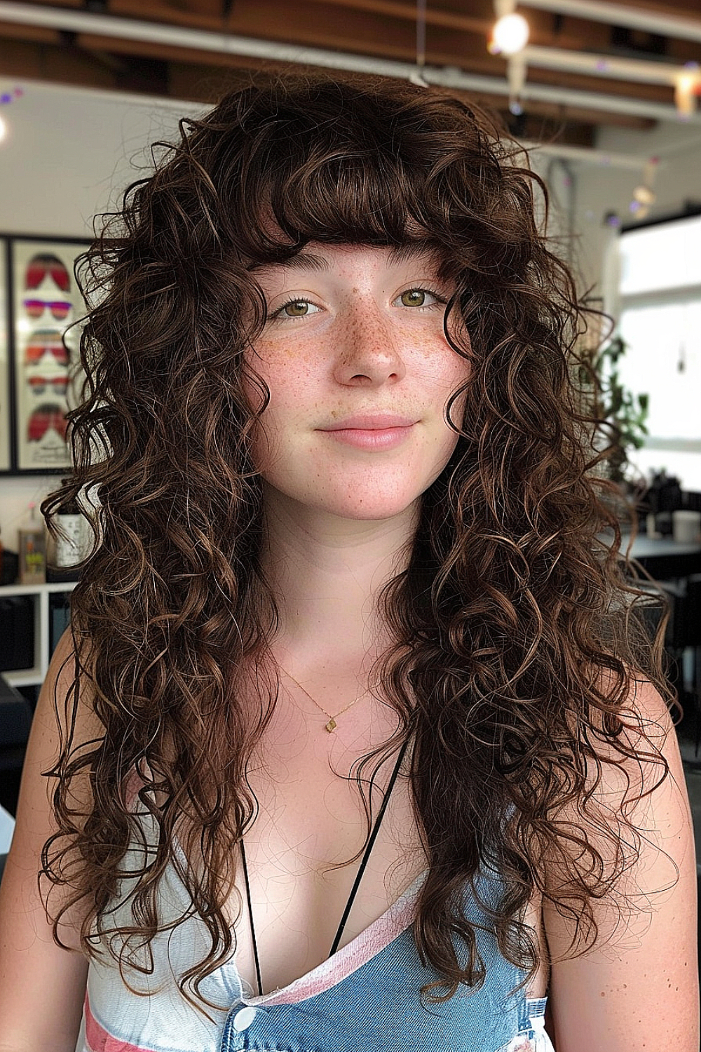 Woman with long curly shag and razor-cut bangs