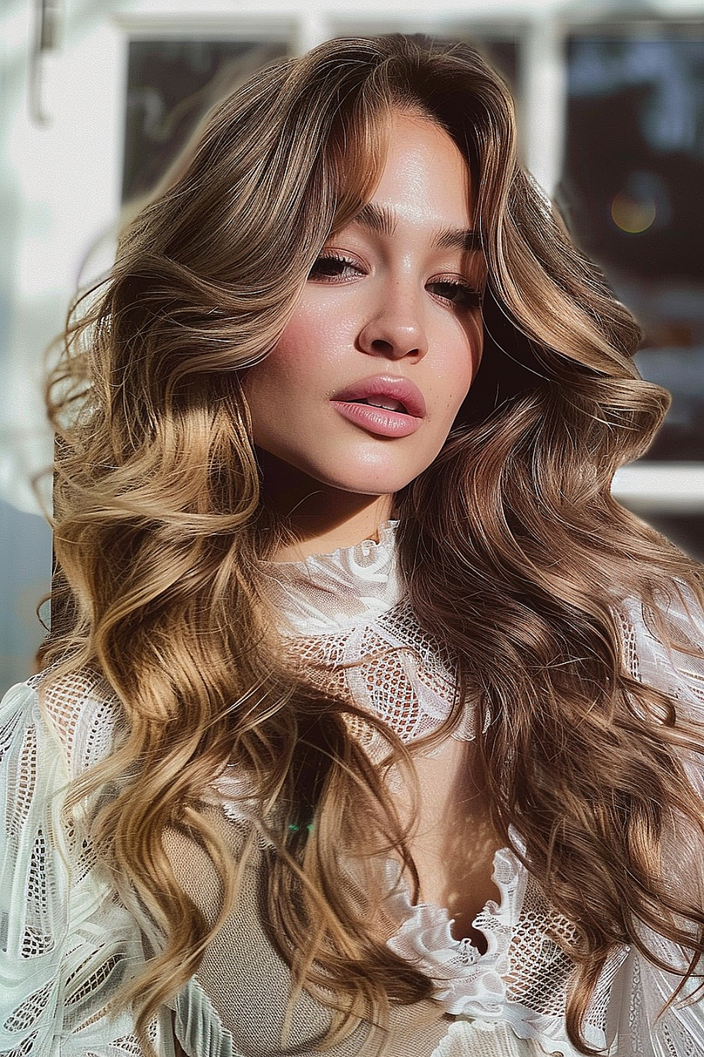 Woman with long flowing layers and slight curls