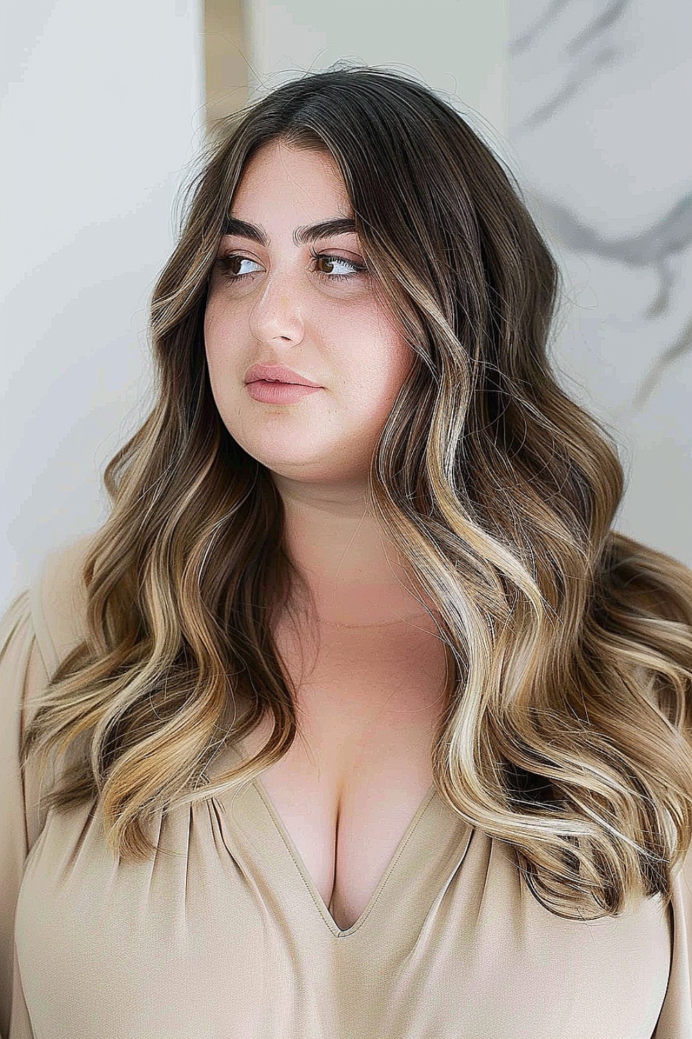 Long flowing locks with soft waves and balayage highlights