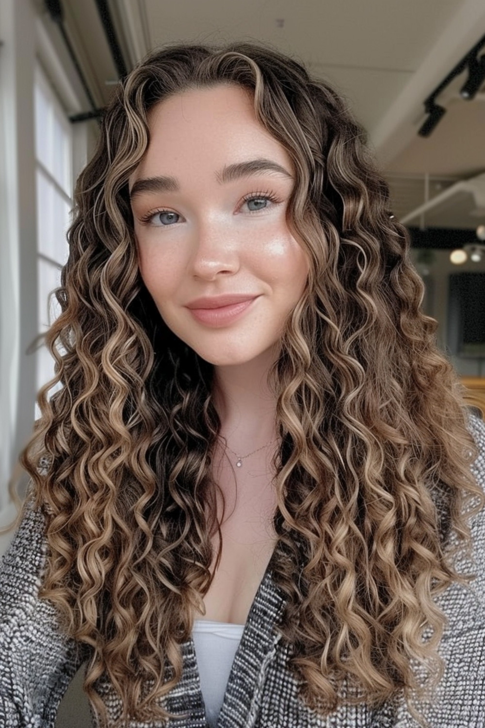 Long hair with defined curls and highlights