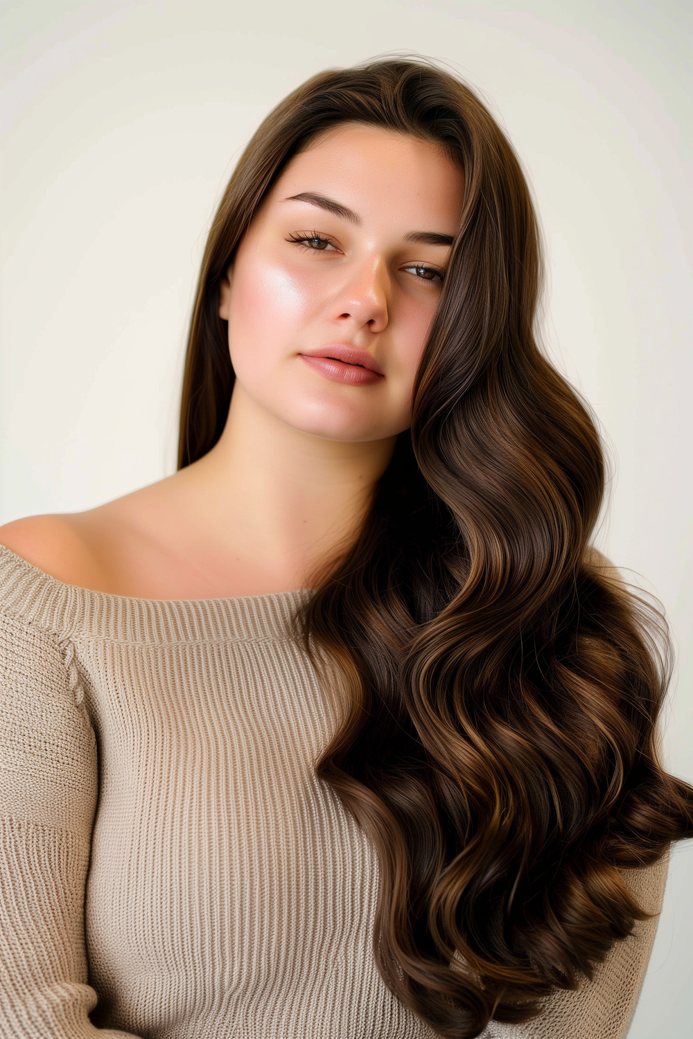 Long hair with defined waves and side part