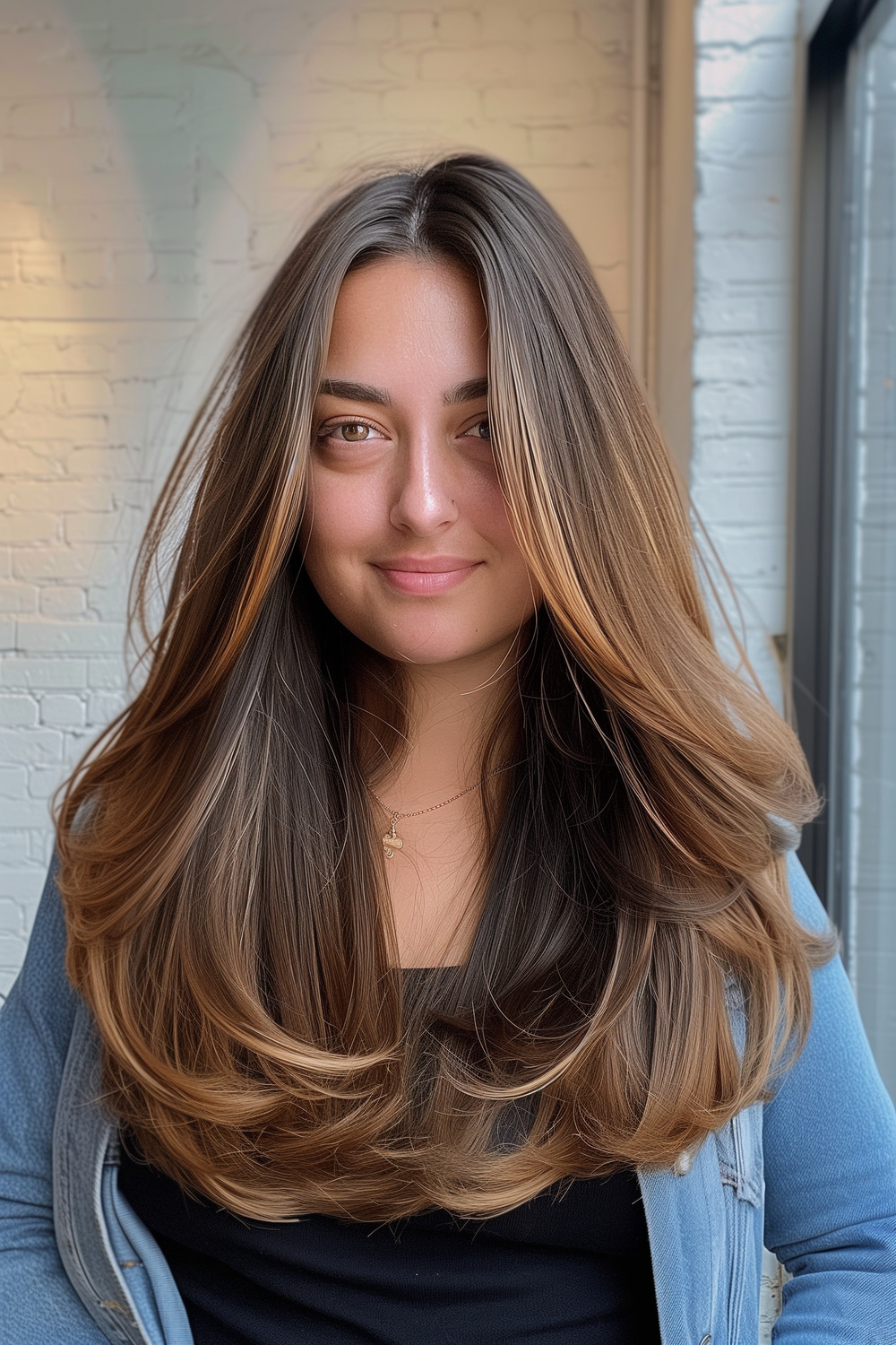 Long hair with feathered ends and highlights