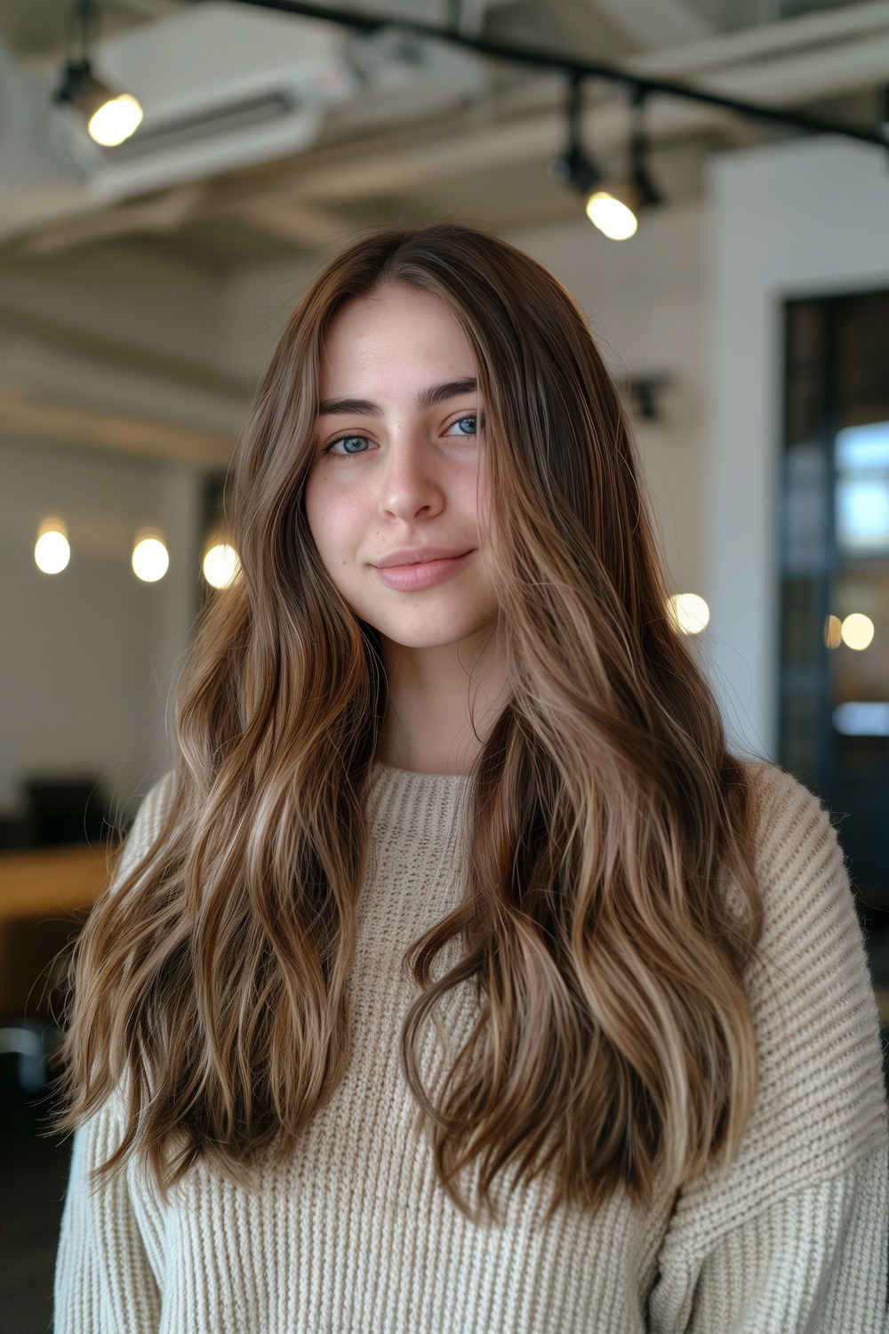 Long hair with natural waves and middle part