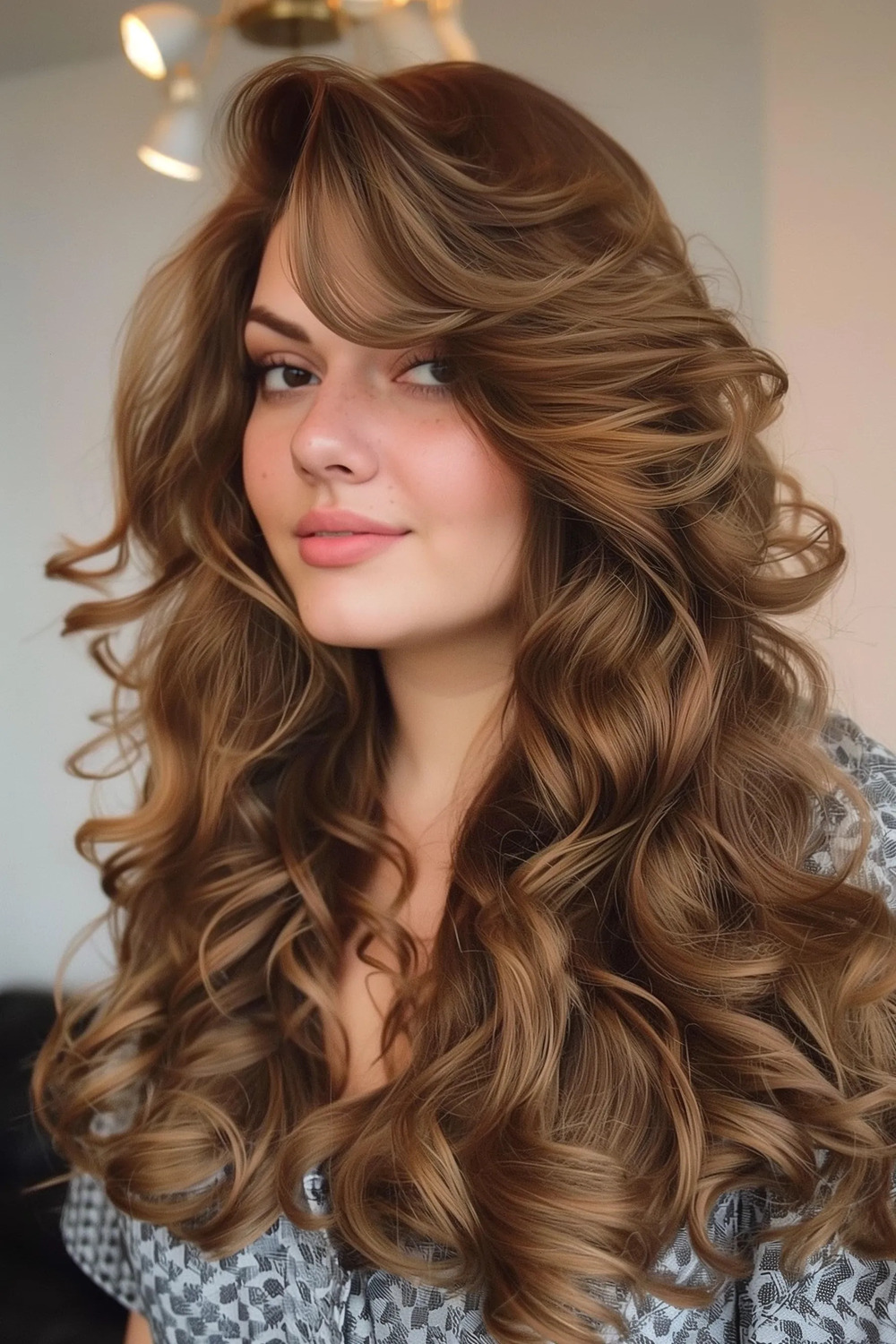 Long hair with soft curls and side-swept bangs