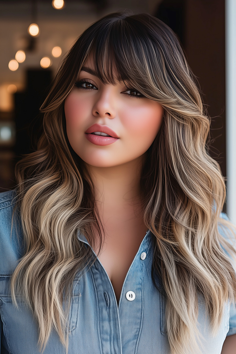 Long hair with soft waves and side fringe