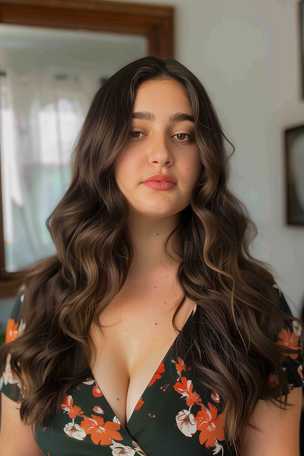 Long hair with subtle curls and face-framing layers