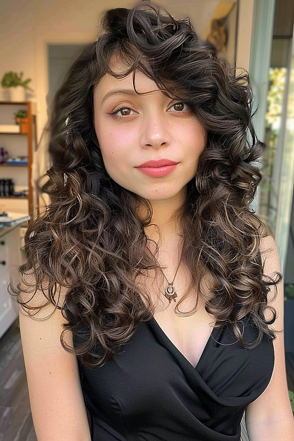 Woman with long layered curls and side bangs