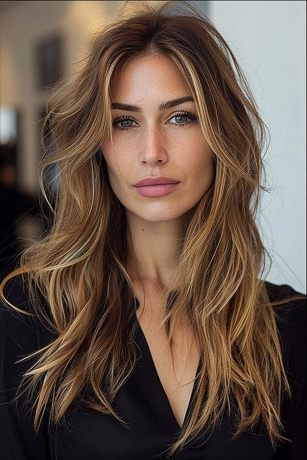 A woman with textured long layers and dimensional highlights suitable for fine hair