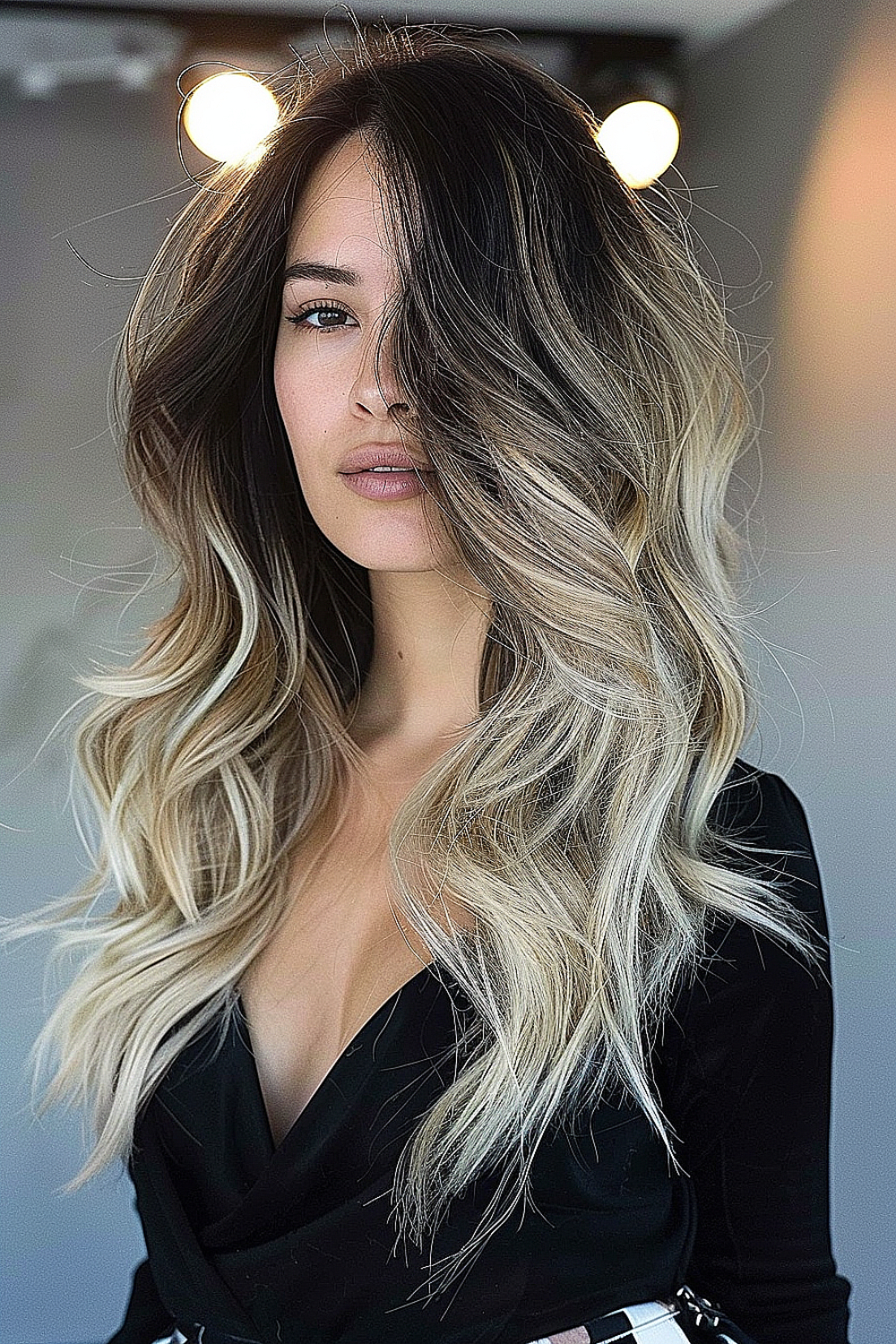 A woman with long hair featuring a dark to blonde ombre