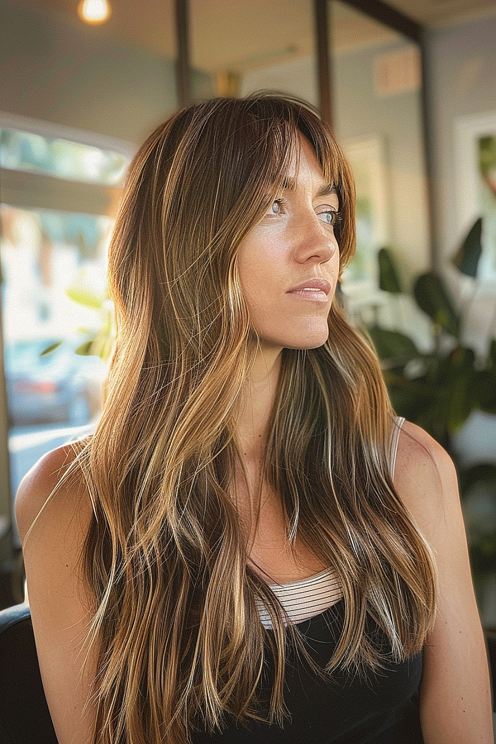 Long layered hair with sunlit balayage highlights