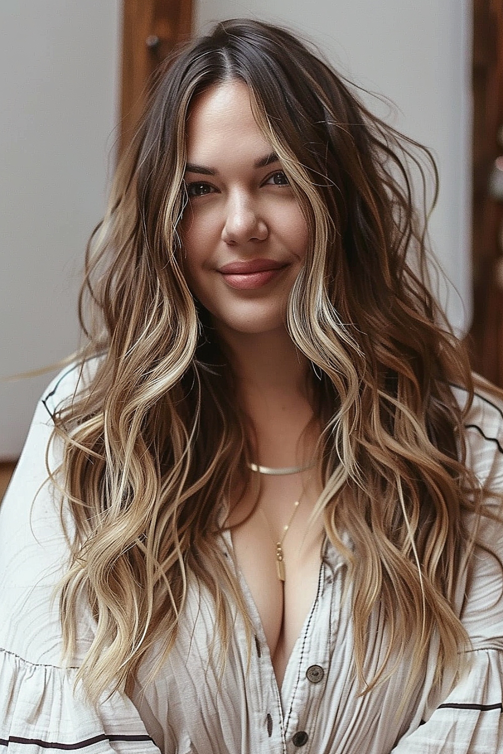 Long loose waves with face-framing highlights