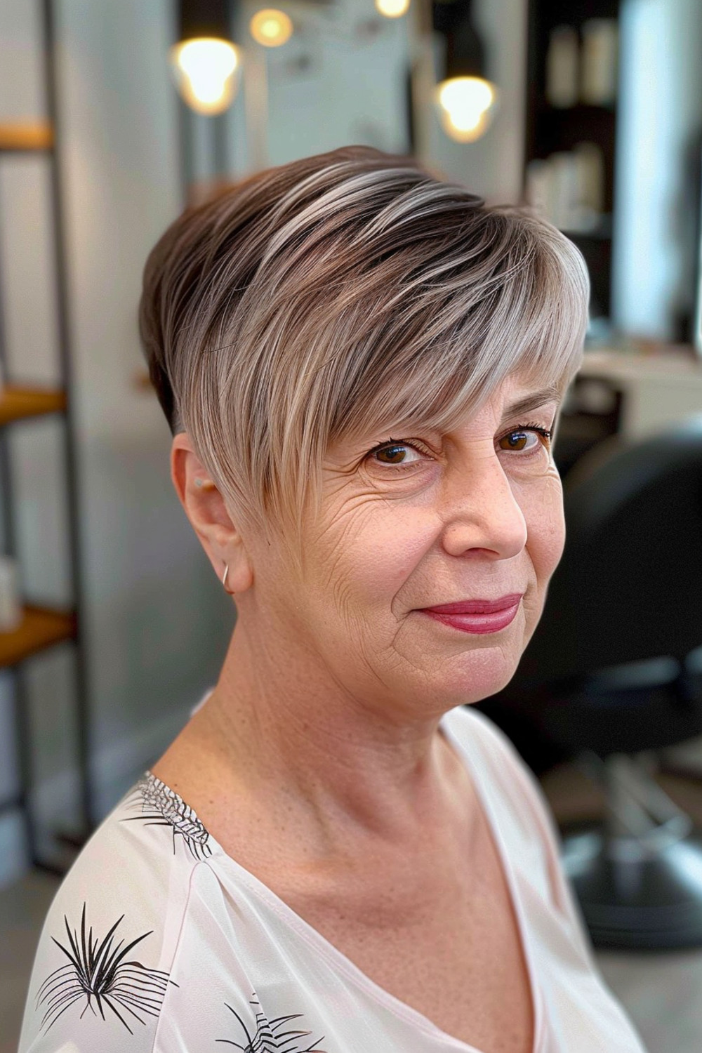 Long pixie with highlights for women over 60