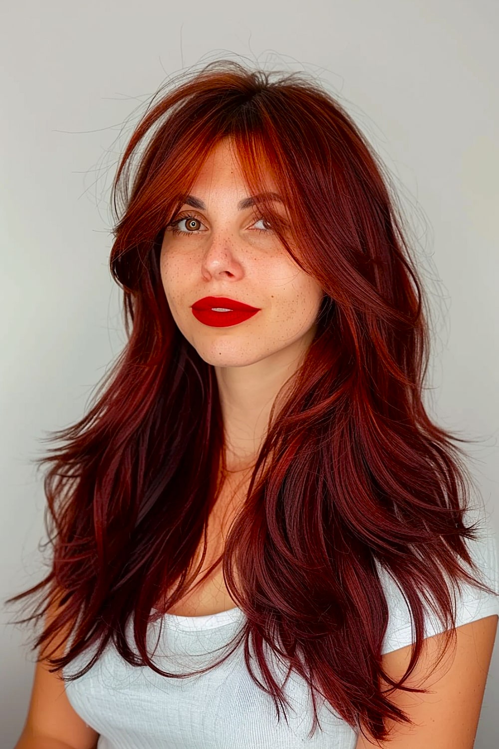 Long red hair with curtain bangs