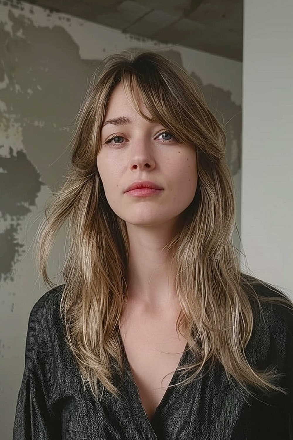 Woman with a long shag haircut and soft bangs