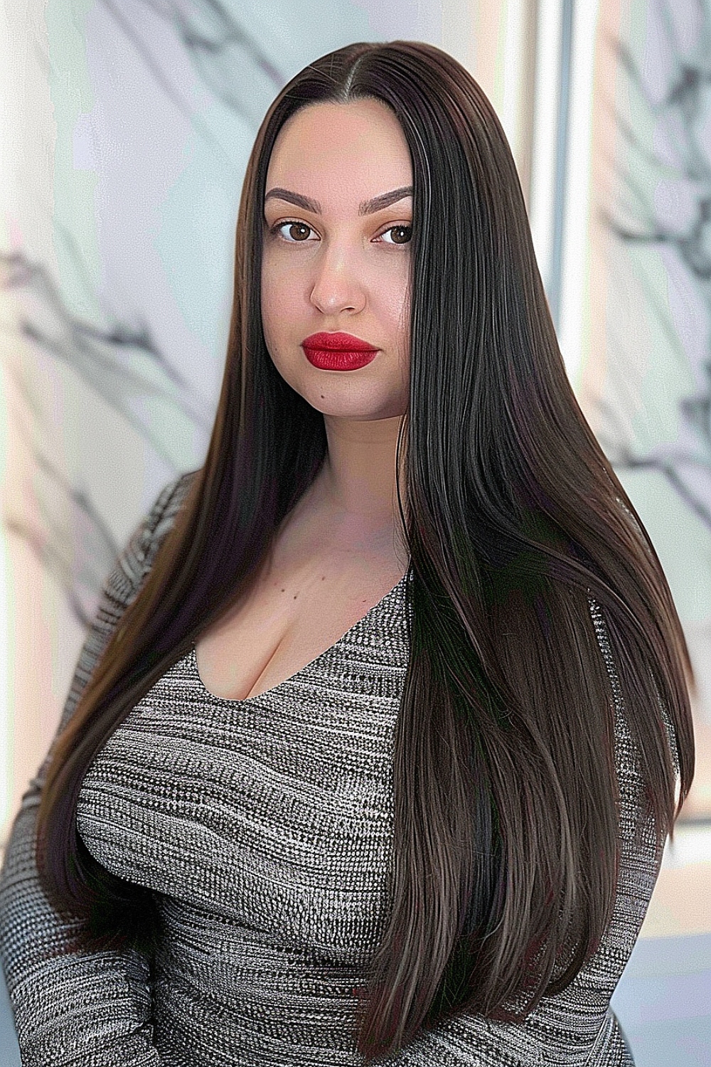 Long sleek straight hair with a middle part