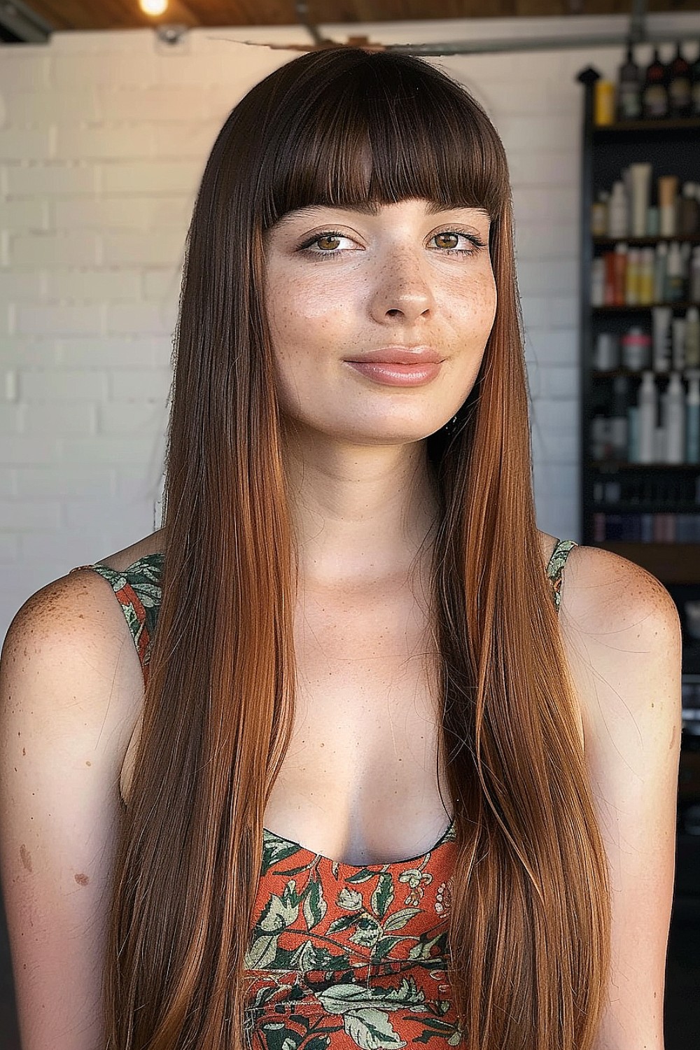 Woman with long straight hair and blunt bangs