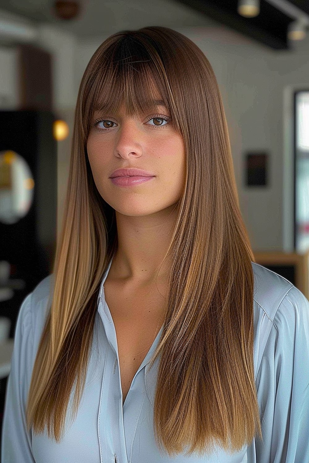 Long straight layered hair with bangs