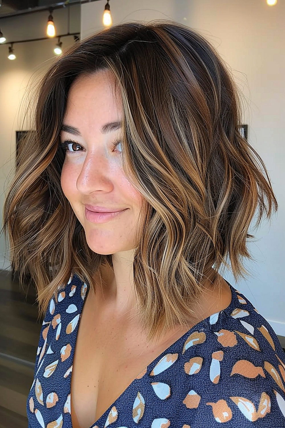 Woman with a long textured bob and caramel balayage