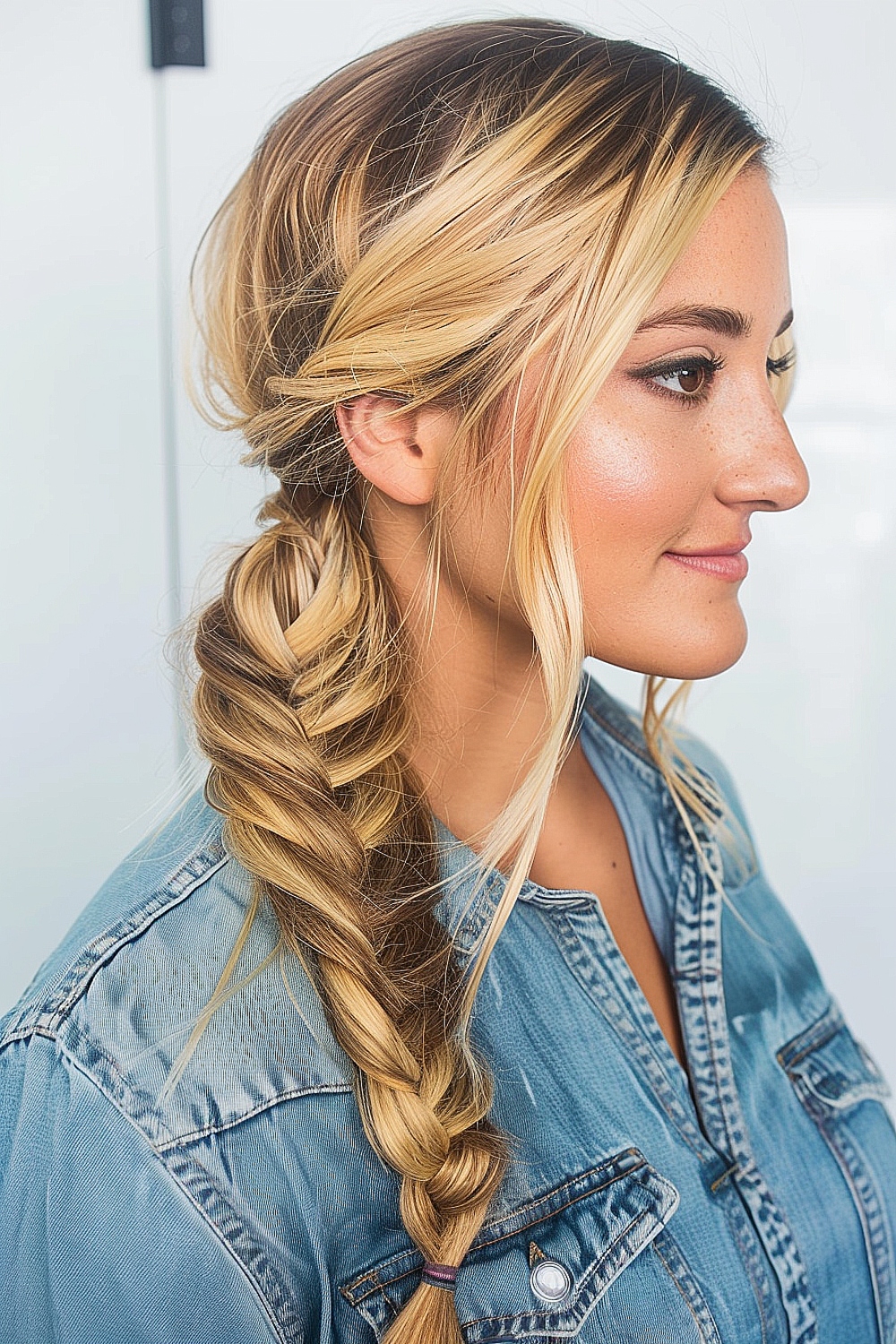 Long fine hair styled in a fishtail braid with warm blonde highlights