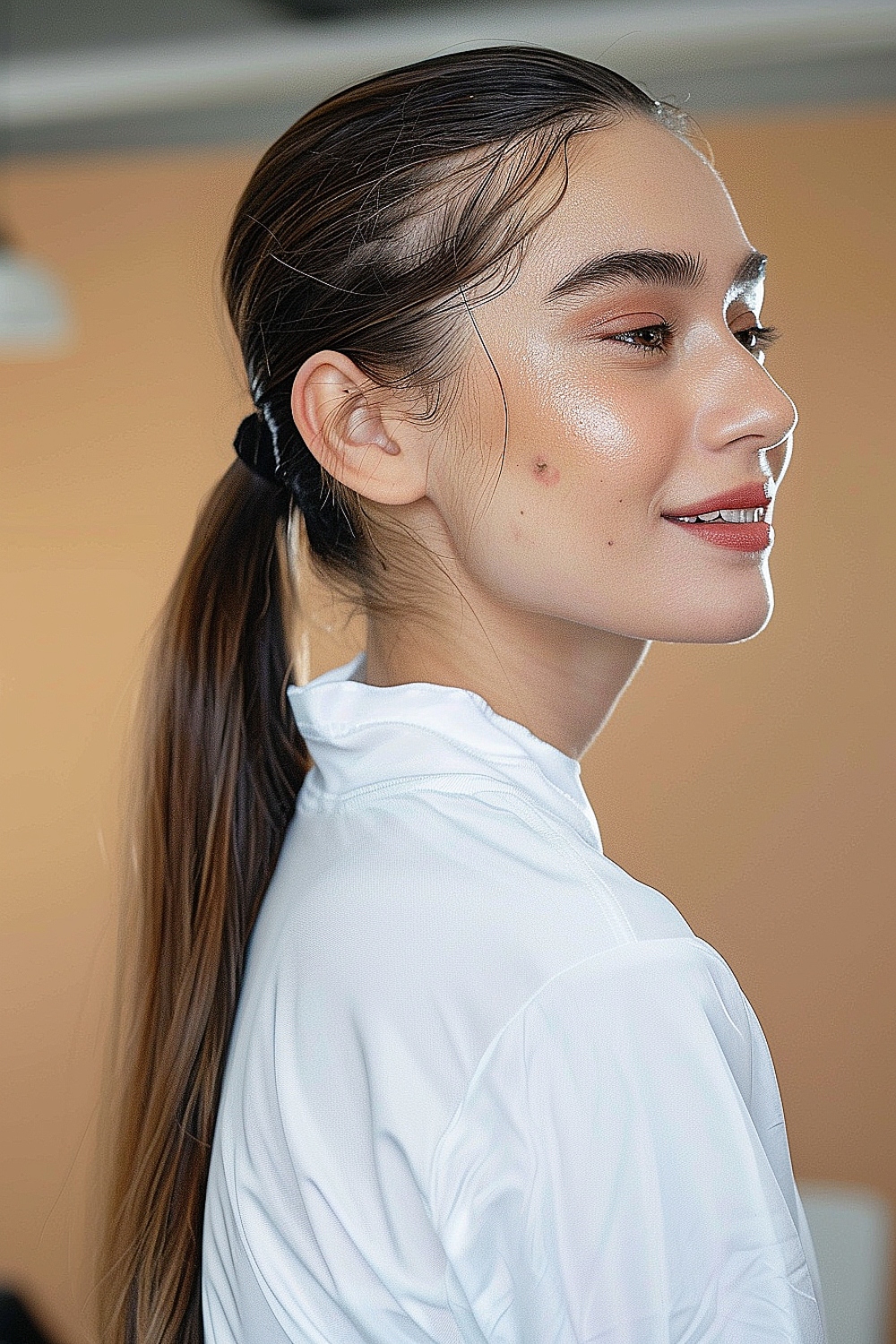 Long fine hair in a sleek ponytail with a black hair tie