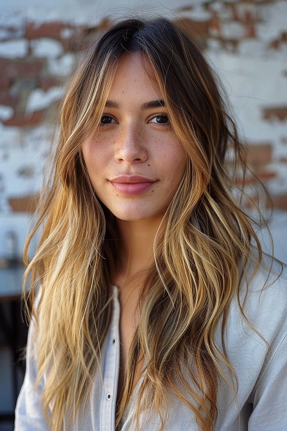 Long fine hair with sun-kissed balayage highlights and natural waves