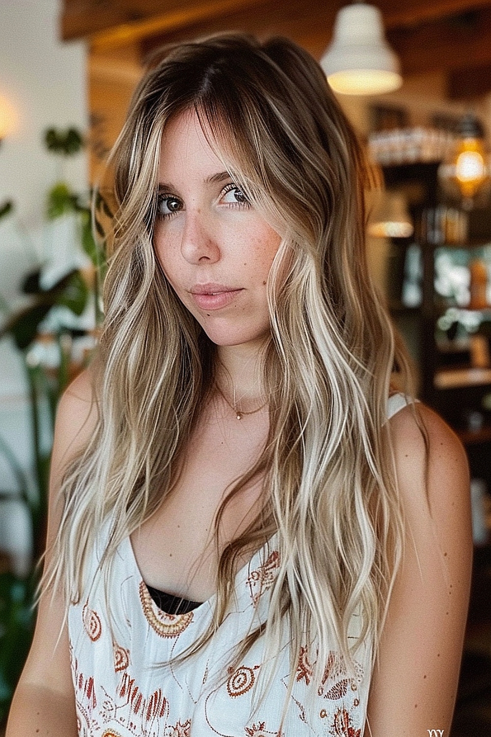 Long hair with beachy waves and subtle highlights