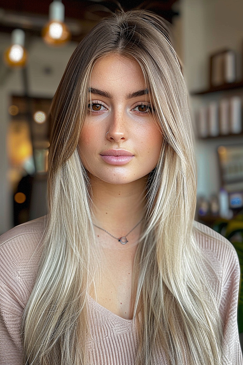 Long fine hair with curtain bangs and sandy blonde color