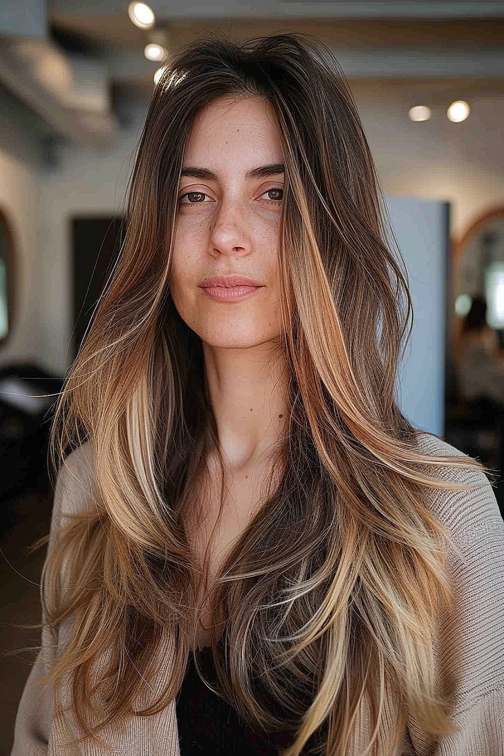 Long hair with feathered layers and golden balayage highlights.