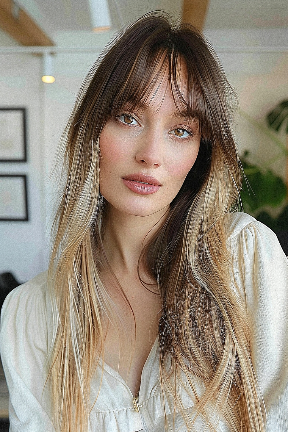 Long fine hair with layered bangs and natural waves