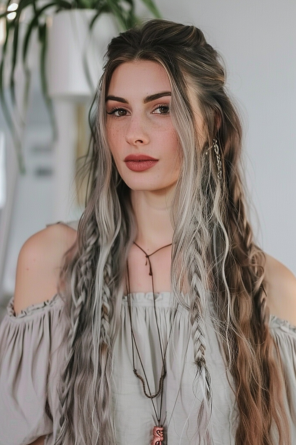 Long fine hair with loose braids and ashy blonde color