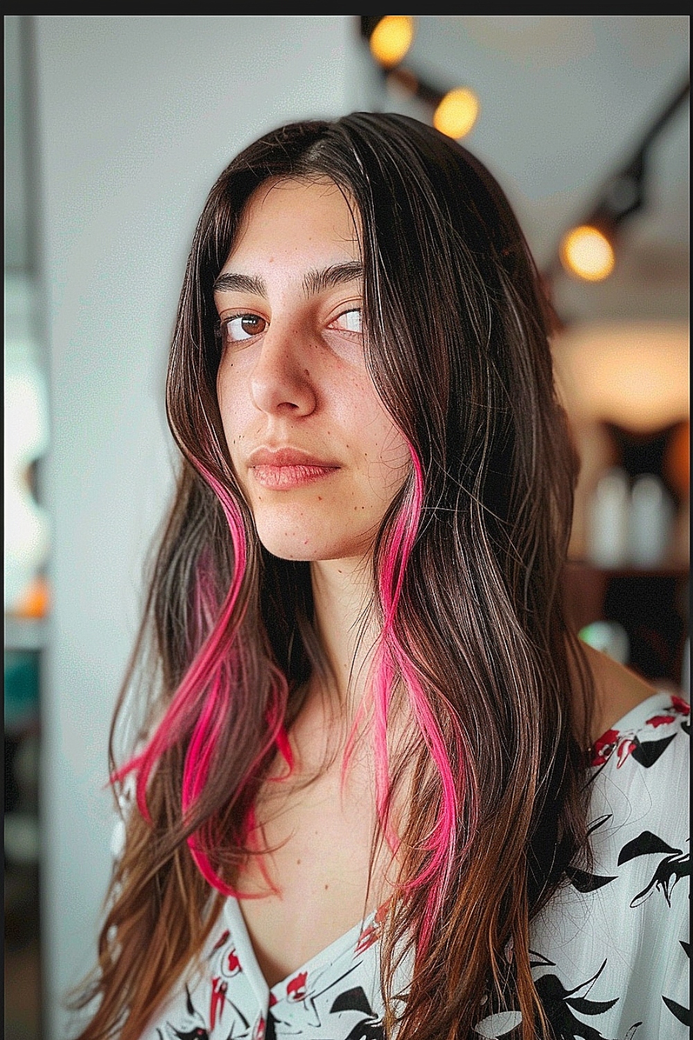 Long fine hair with vibrant pink peekaboo highlights