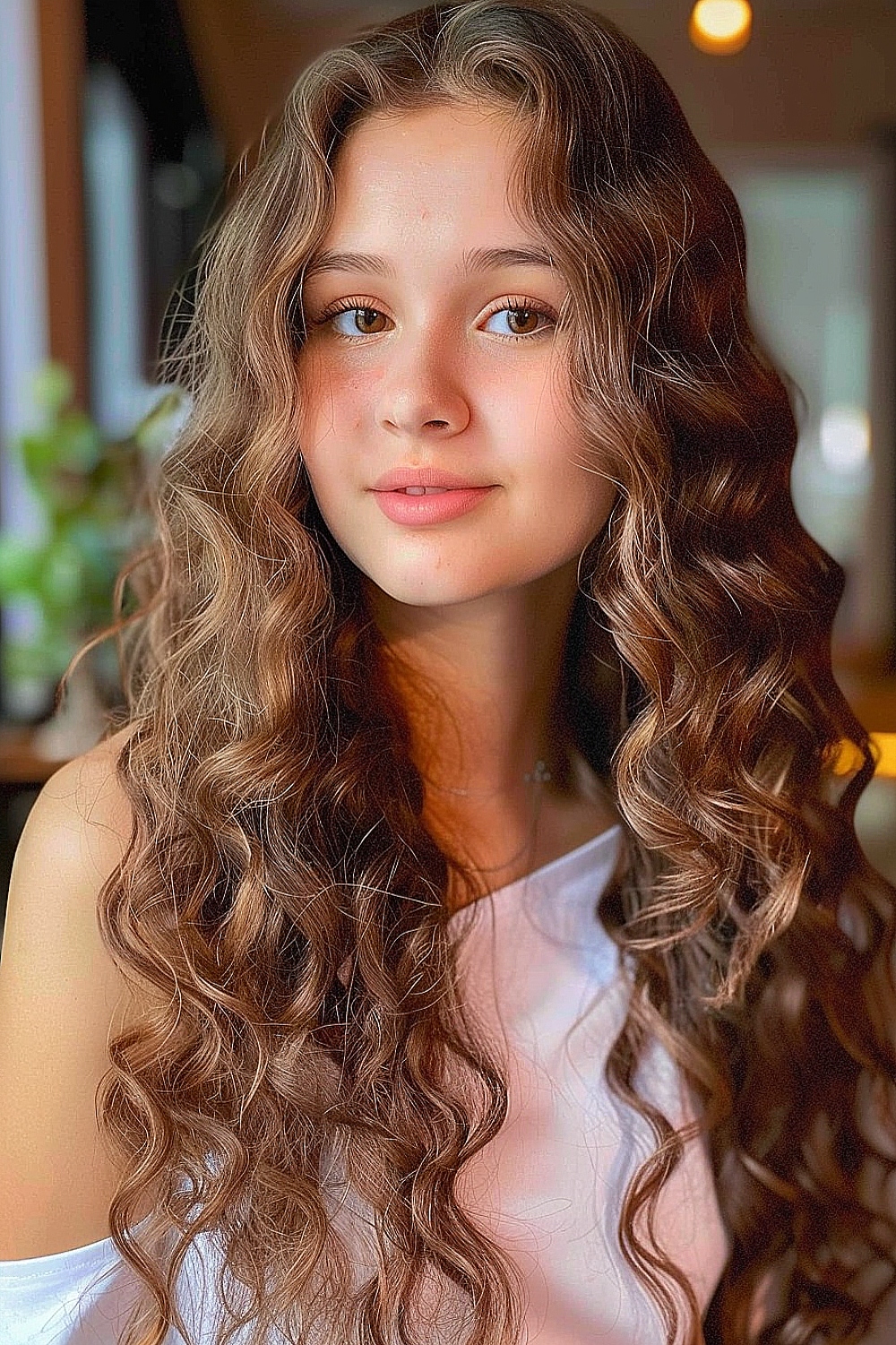 Long fine hair with spiral curls in chestnut brown