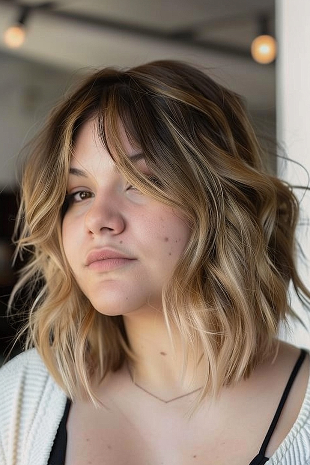 Long tousled bob with wavy texture and balayage highlights