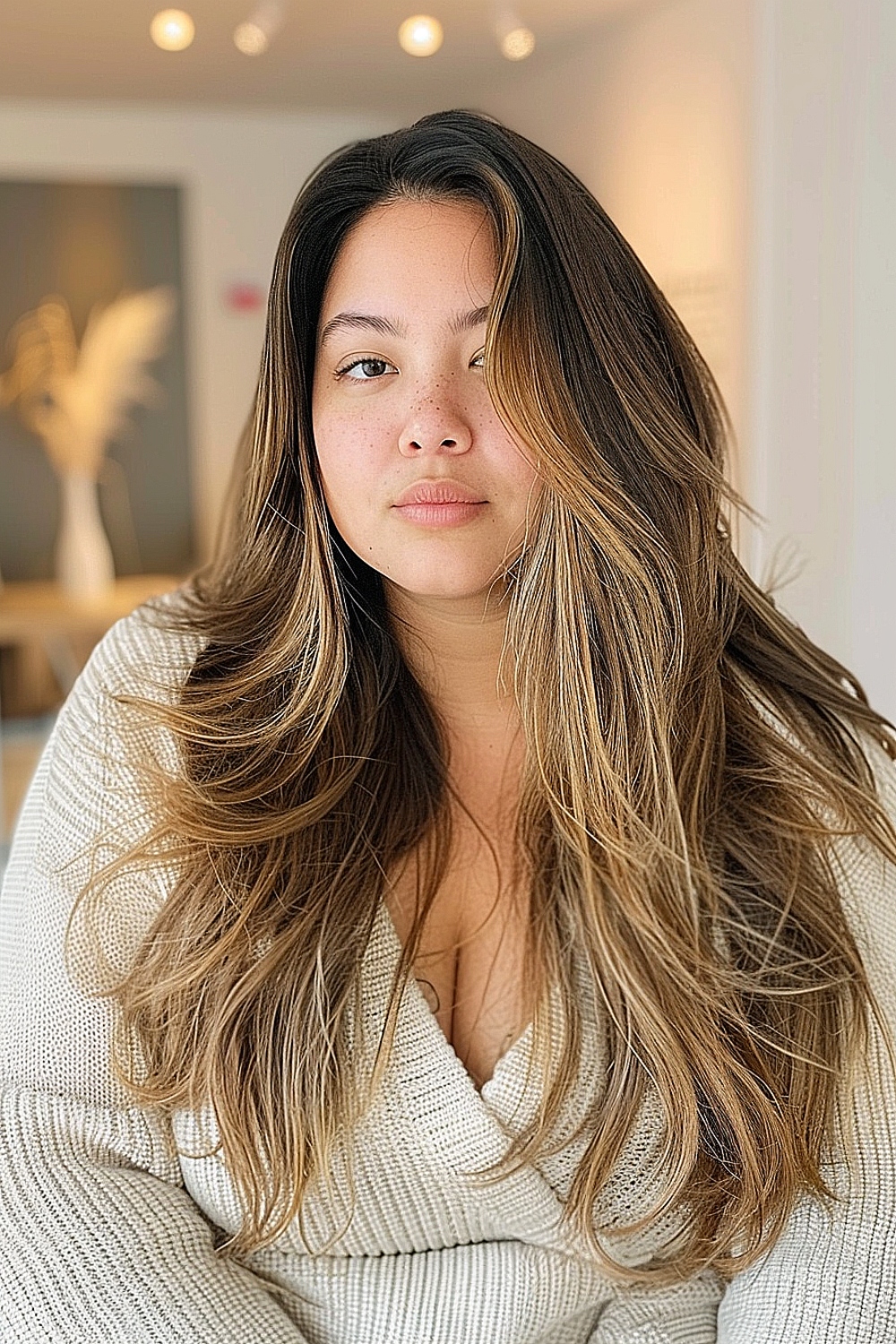 Long tousled hair with soft layers and subtle highlights