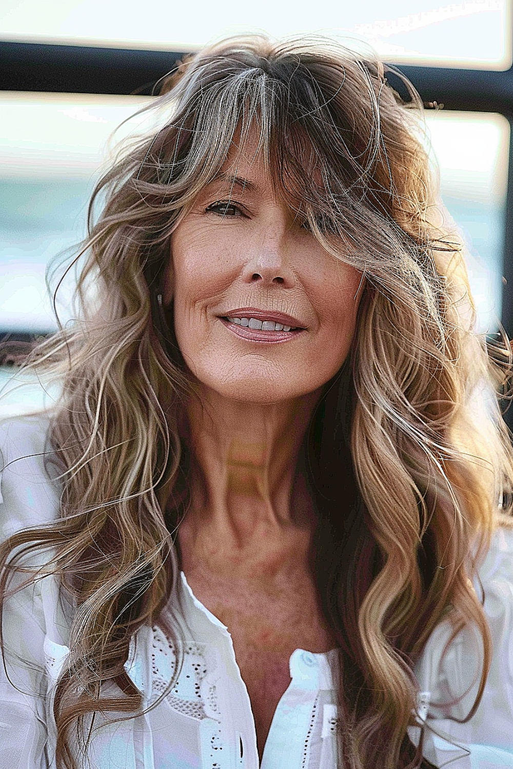 Mature woman with long wavy hair and side bangs, featuring a mix of natural and lighter tones