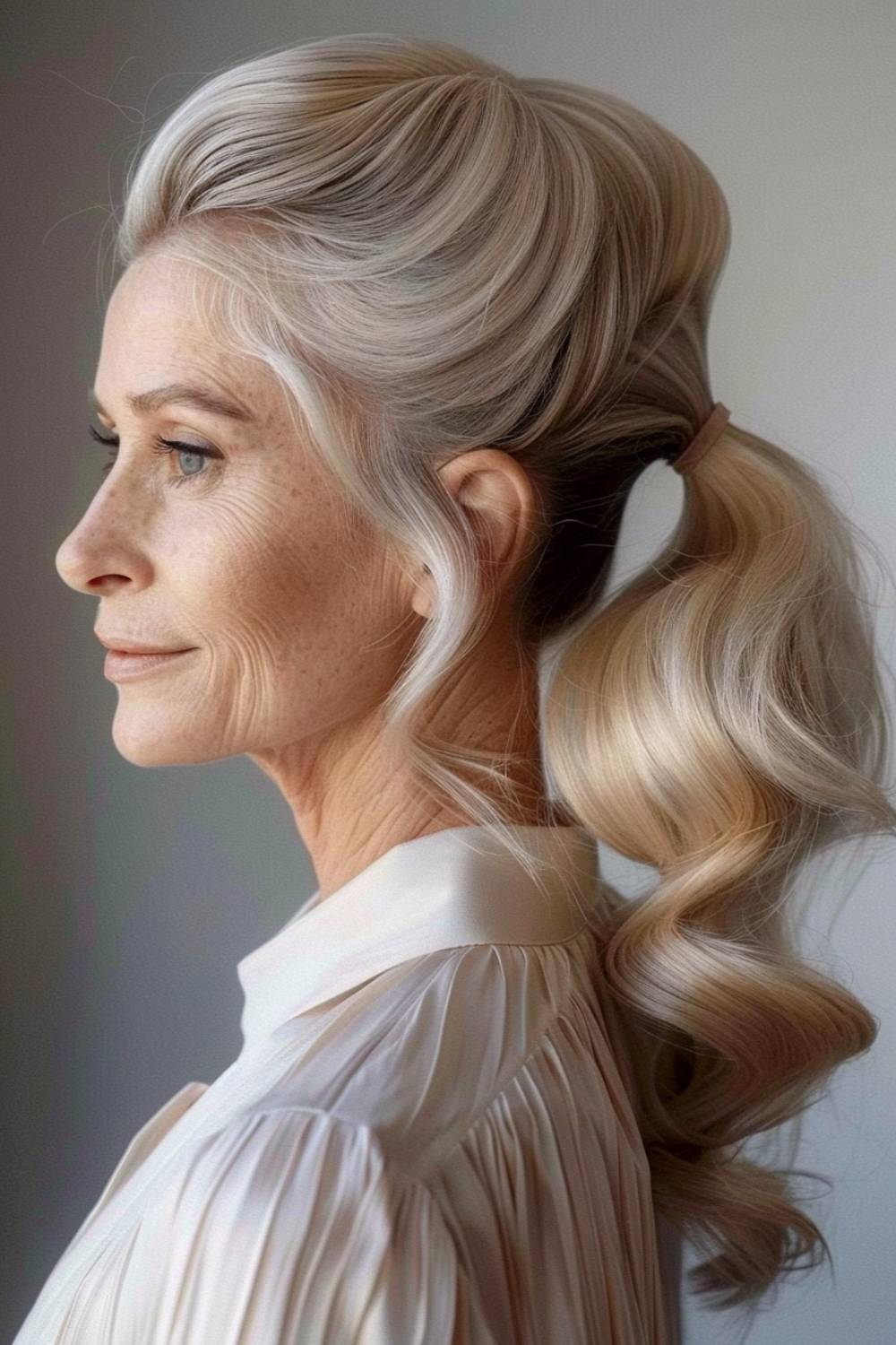 Loose ponytail with soft waves for women over 60